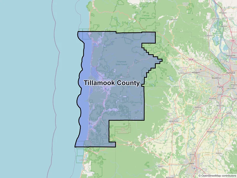 Map of Tillamook County, Oregon and ZIP codes