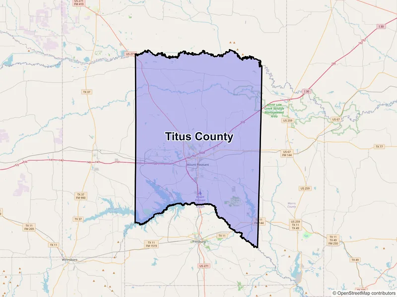 Map of Titus County, Texas and ZIP codes