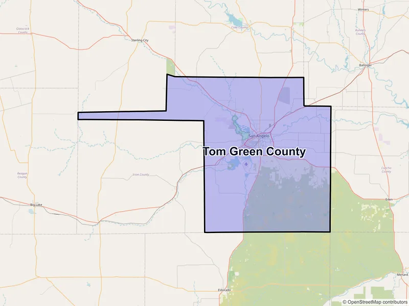 Map of Tom Green County, Texas and ZIP codes