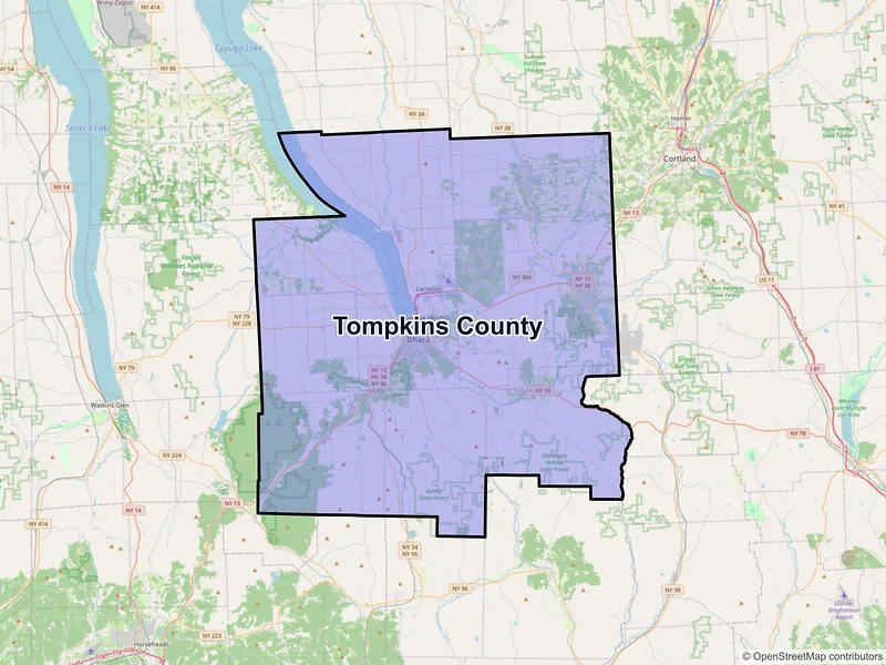 Map of Tompkins County, New York and ZIP codes