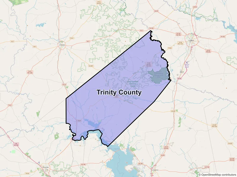Map of Trinity County, Texas and ZIP codes