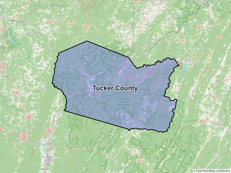 Map of Tucker County, West Virginia and ZIP codes