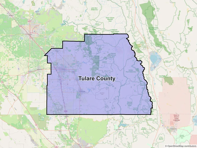 Map of Tulare County, California and ZIP codes