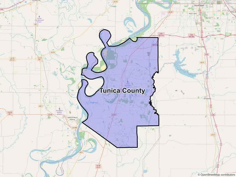 Map of Tunica County, Mississippi and ZIP codes