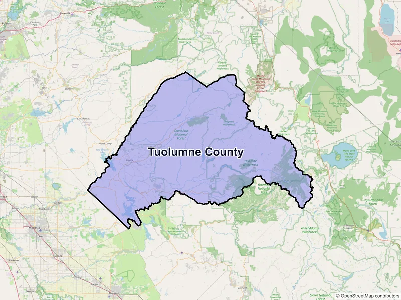 Map of Tuolumne County, California and ZIP codes