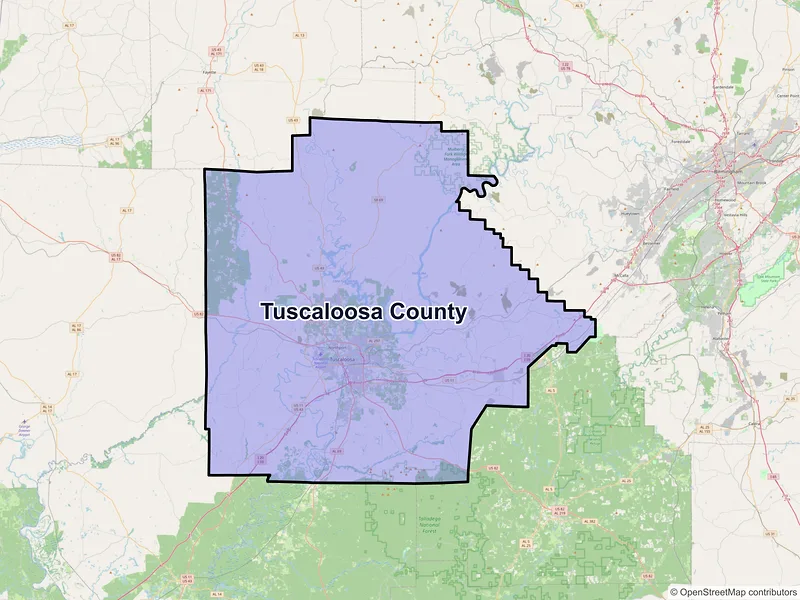 Map of Tuscaloosa County, Alabama and ZIP codes