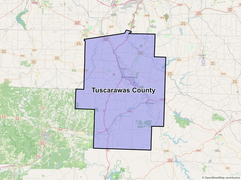 Map of Tuscarawas County, Ohio and ZIP codes