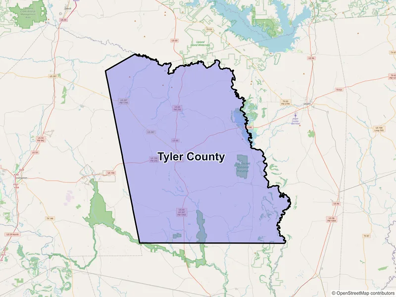 Map of Tyler County, Texas and ZIP codes