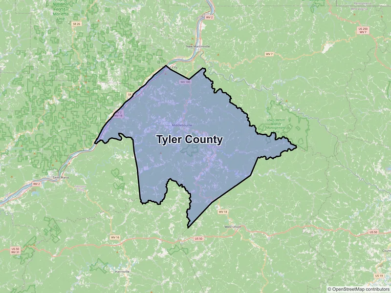 Map of Tyler County, West Virginia and ZIP codes