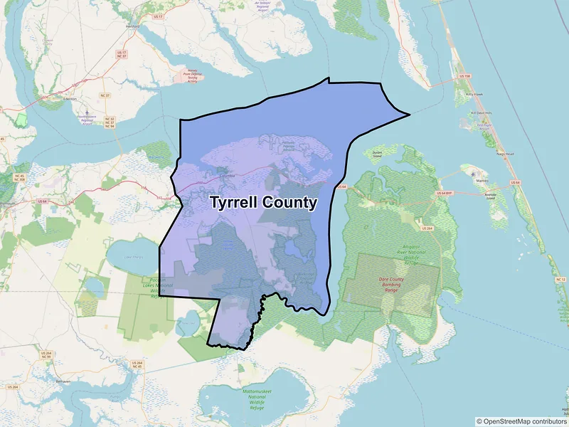 Map of Tyrrell County, North Carolina and ZIP codes