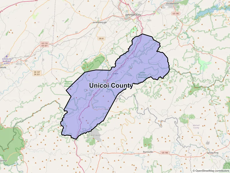 Map of Unicoi County, Tennessee and ZIP codes