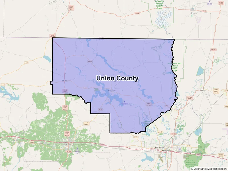 Map of Union County, Louisiana and ZIP codes