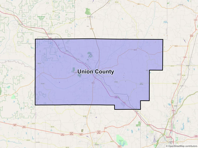 Map of Union County, Mississippi and ZIP codes