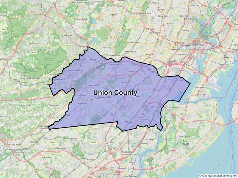 Map of Union County, New Jersey and ZIP codes