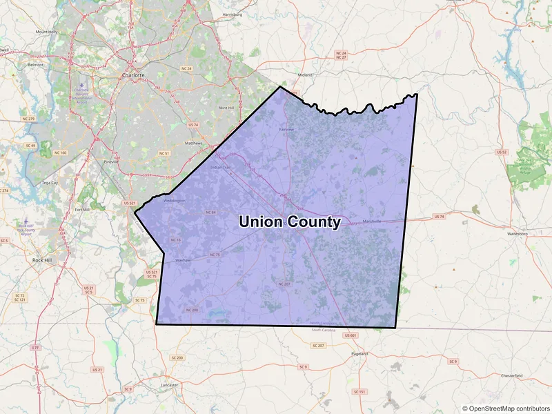 Map of Union County, North Carolina and ZIP codes