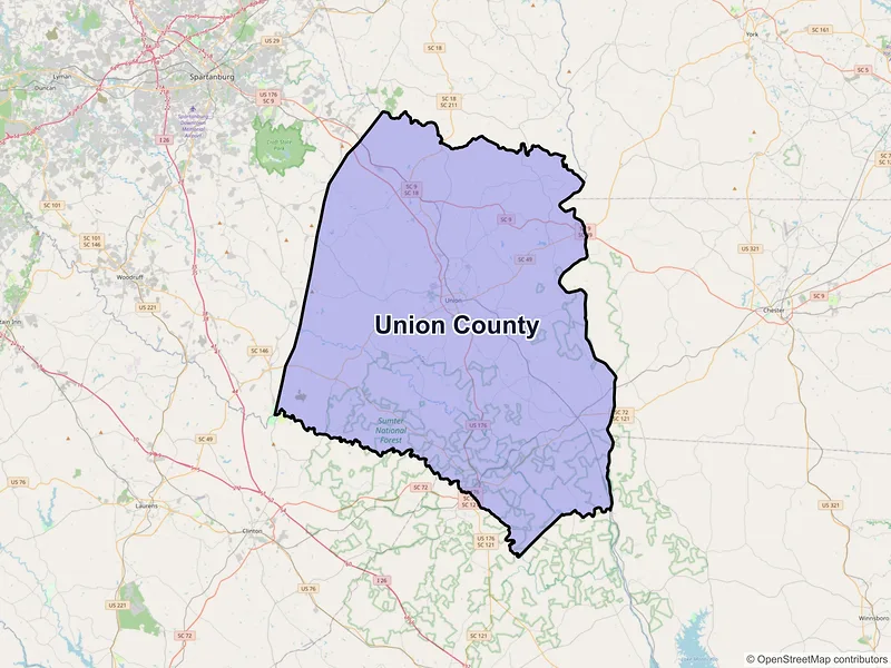 Map of Union County, South Carolina and ZIP codes