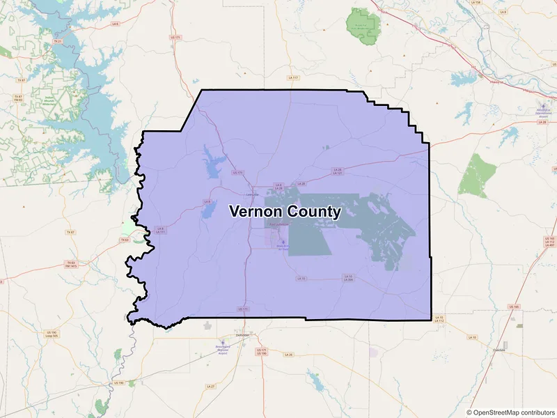 Map of Vernon County, Louisiana and ZIP codes