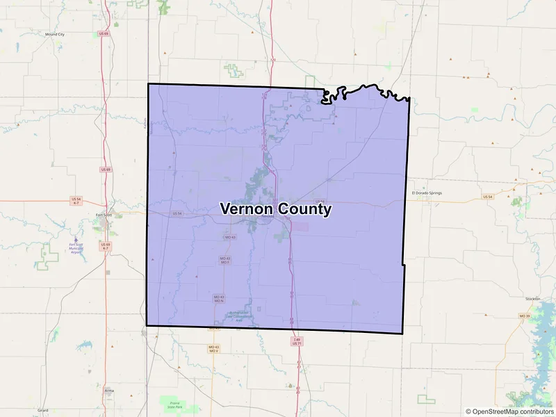 Map of Vernon County, Missouri and ZIP codes