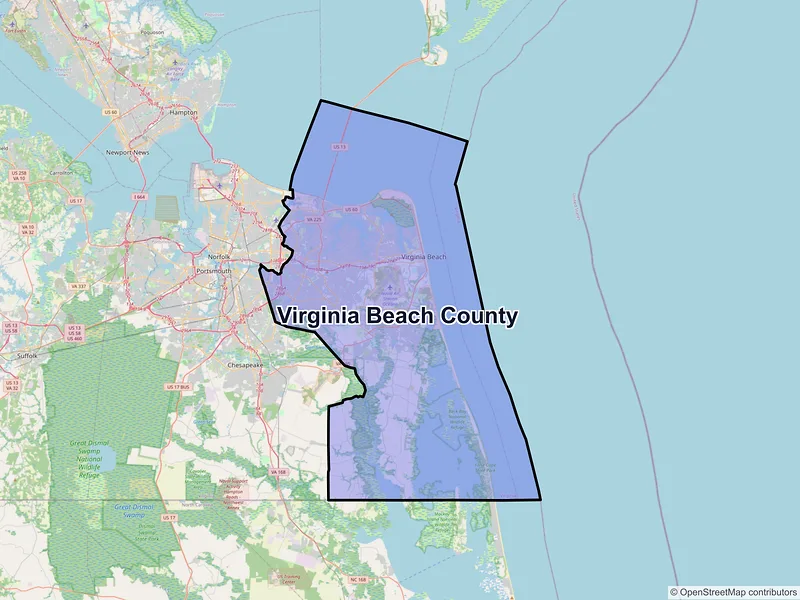 Map of Virginia Beach County, Virginia and ZIP codes