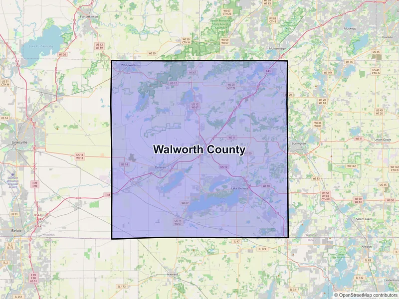 Map of Walworth County, Wisconsin and ZIP codes