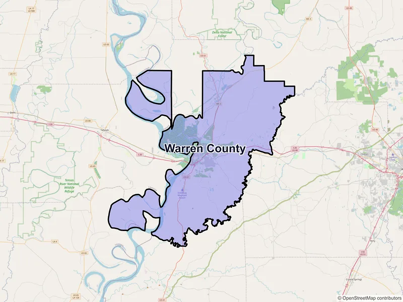 Map of Warren County, Mississippi and ZIP codes