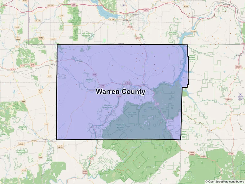 Map of Warren County, Pennsylvania and ZIP codes