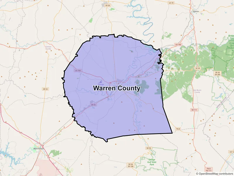 Map of Warren County, Tennessee and ZIP codes