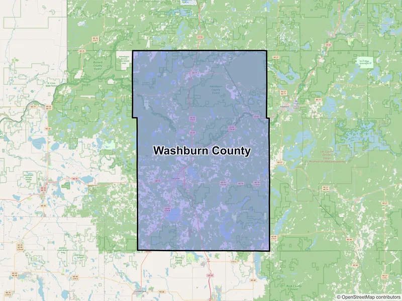 Map of Washburn County, Wisconsin and ZIP codes