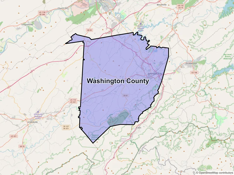 Map of Washington County, Tennessee and ZIP codes
