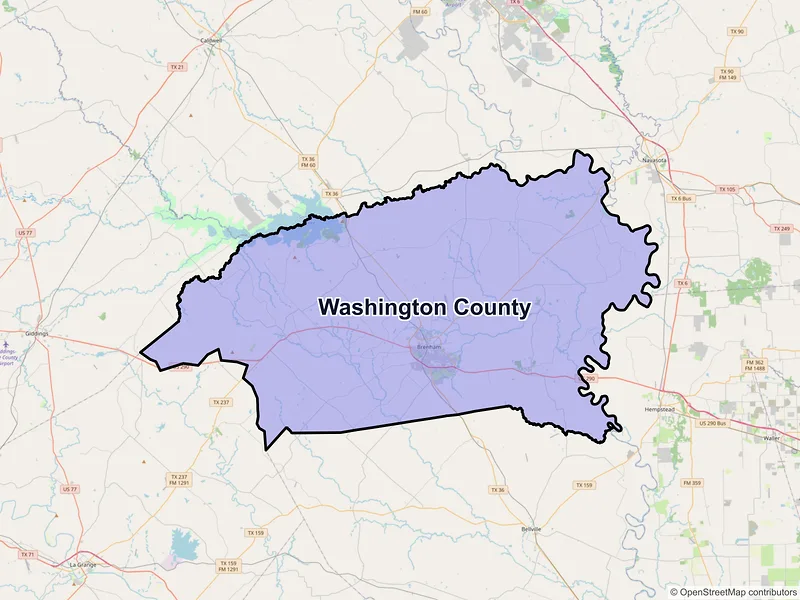 Map of Washington County, Texas and ZIP codes
