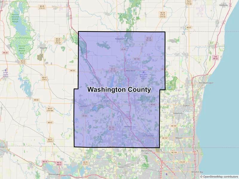 Map of Washington County, Wisconsin and ZIP codes