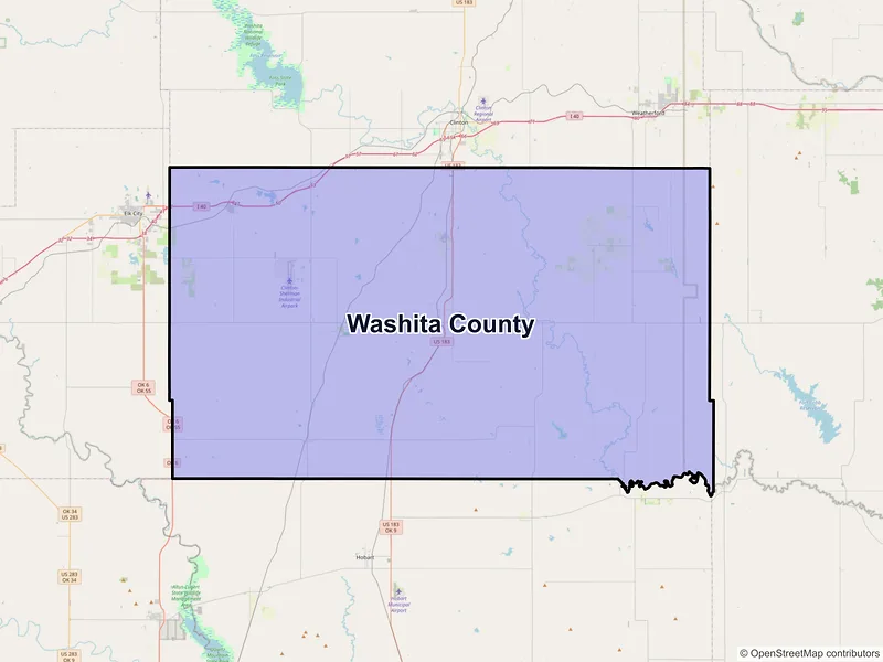 Map of Washita County, Oklahoma and ZIP codes