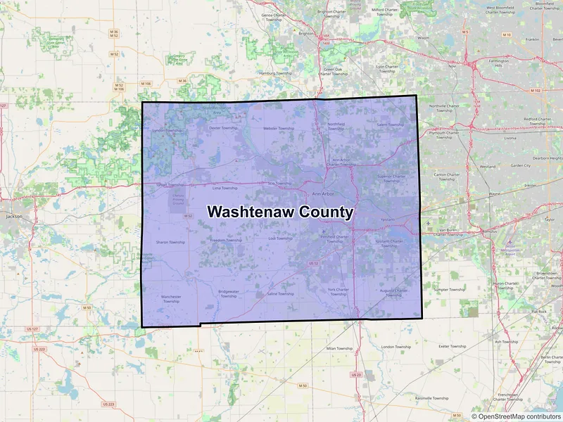 Map of Washtenaw County, Michigan and ZIP codes