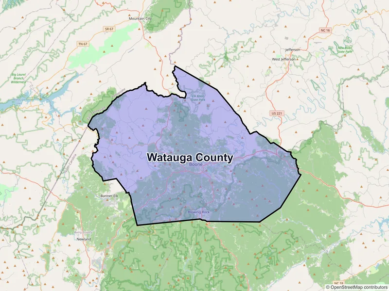 Map of Watauga County, North Carolina and ZIP codes
