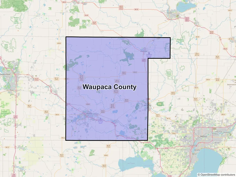 Map of Waupaca County, Wisconsin and ZIP codes