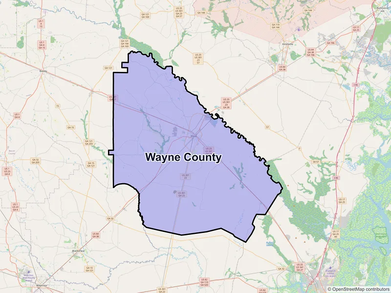 Map of Wayne County, Georgia and ZIP codes