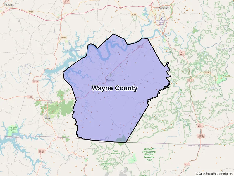 Map of Wayne County, Kentucky and ZIP codes
