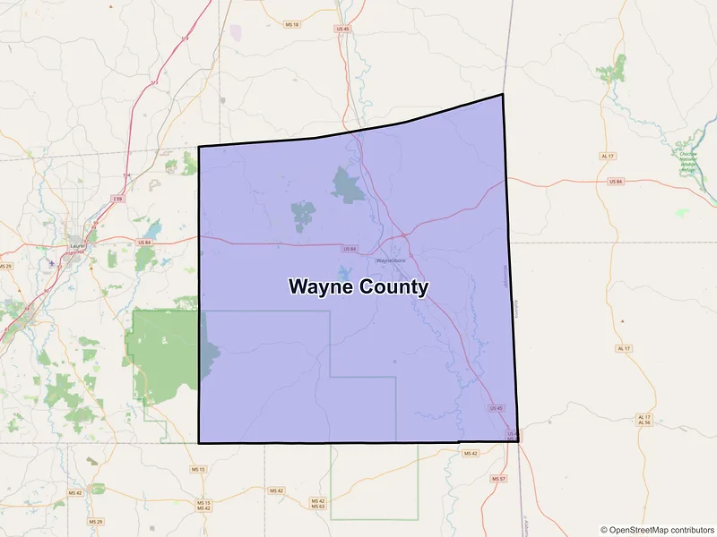 Map of Wayne County, Mississippi and ZIP codes