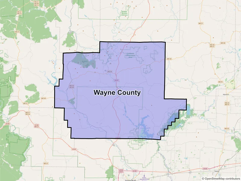 Map of Wayne County, Missouri and ZIP codes