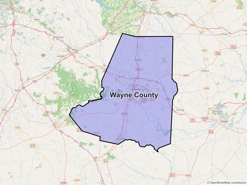 Map of Wayne County, North Carolina and ZIP codes