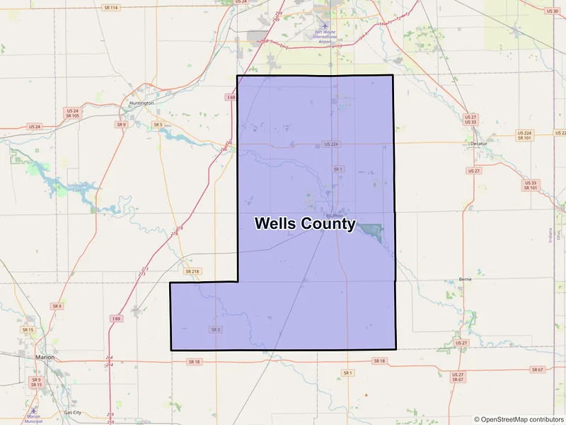Map of Wells County, Indiana and ZIP codes
