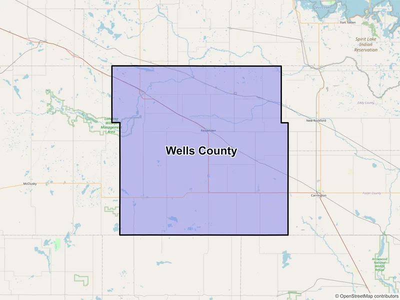 Map of Wells County, North Dakota and ZIP codes