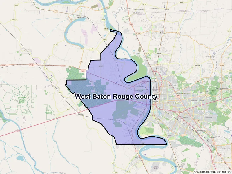 Map of West Baton Rouge County, Louisiana and ZIP codes