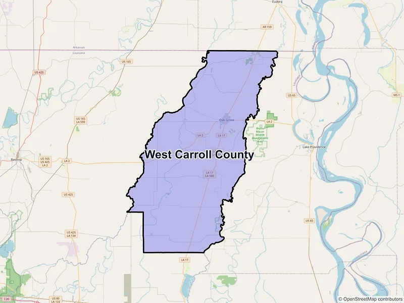 Map of West Carroll County, Louisiana and ZIP codes