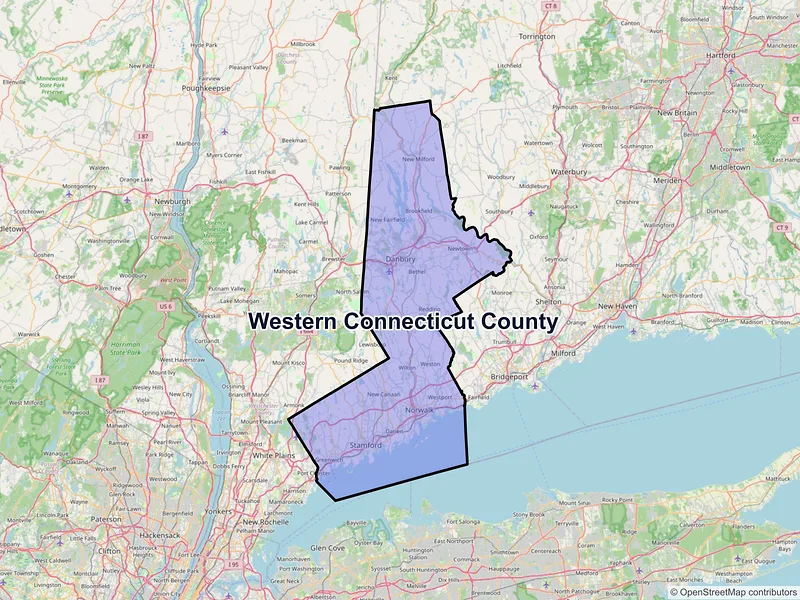 Map of Western Connecticut County, Connecticut and ZIP codes