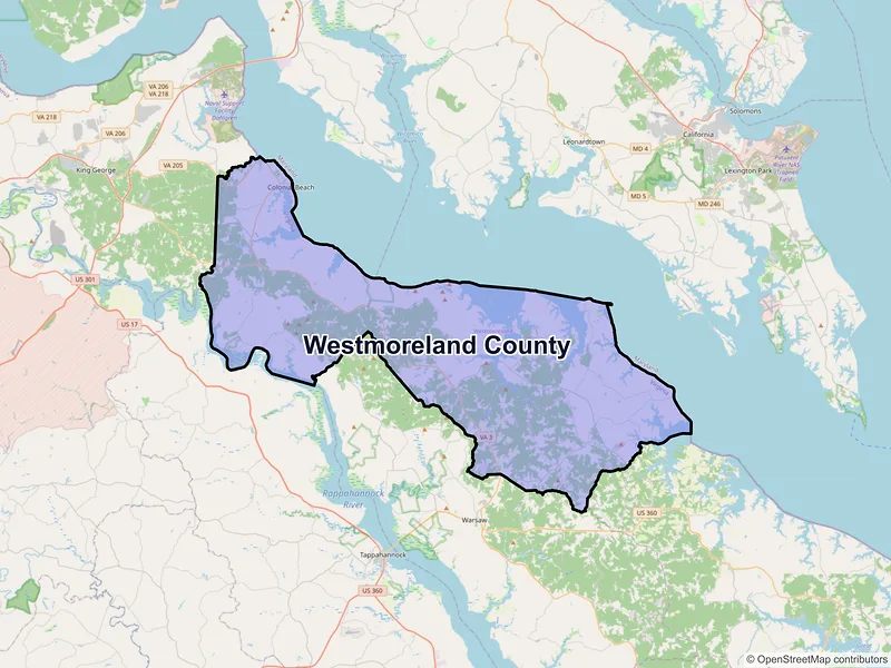 Map of Westmoreland County, Virginia and ZIP codes