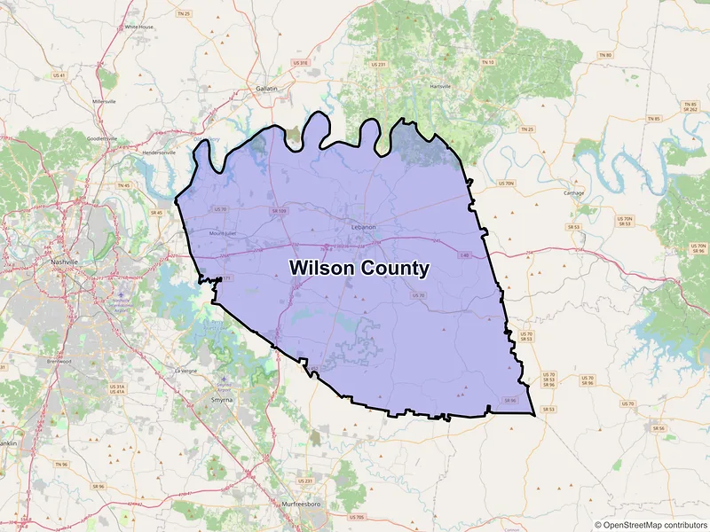 Map of Wilson County, Tennessee and ZIP codes
