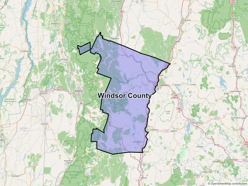 Map of Windsor County, Vermont and ZIP codes