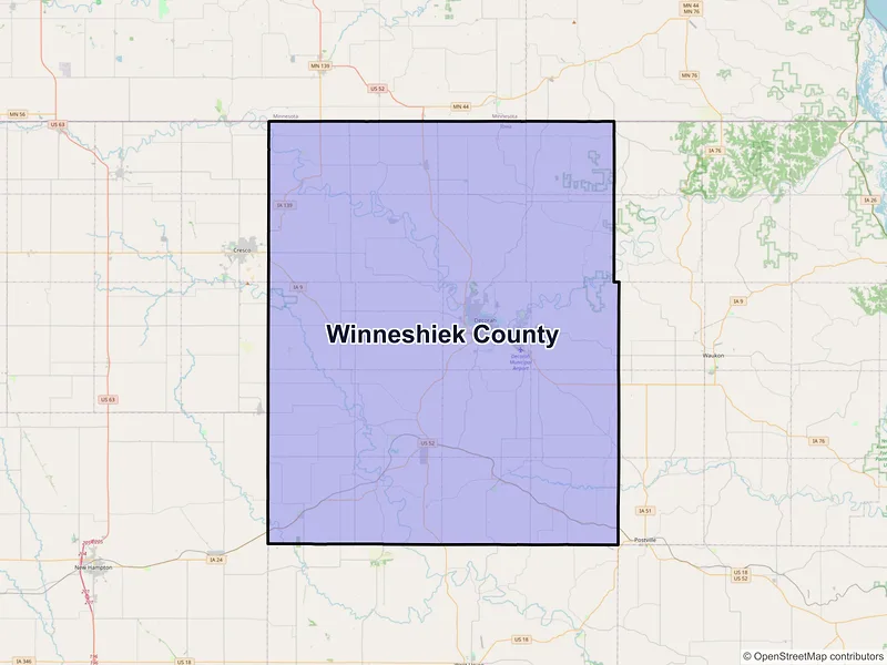 Map of Winneshiek County, Iowa and ZIP codes