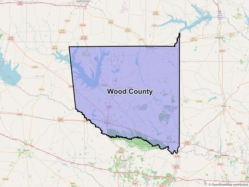 Map of Wood County, Texas and ZIP codes